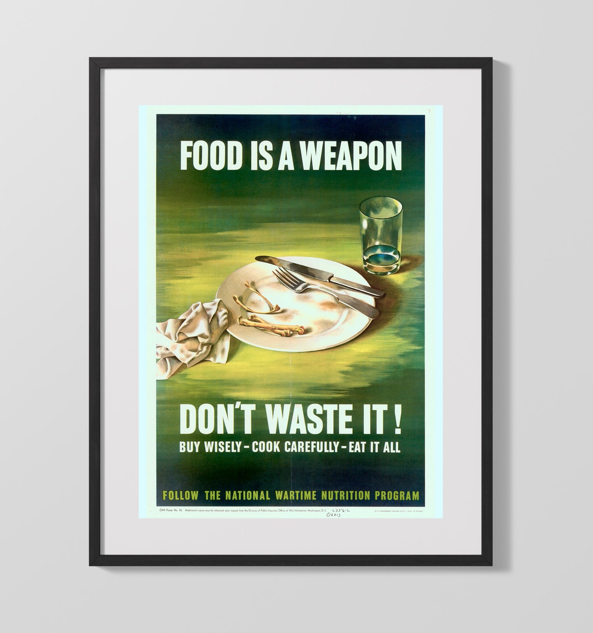 Vintage War Poster - Food Is A Weapon Do Not Waste It Vintage War Wall Art - 16x20 Gallery Frame