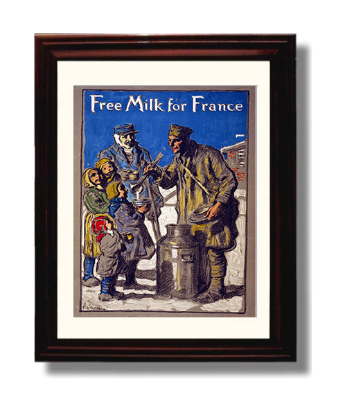 Vintage War Poster - Free Milk for France Vintage War Wall Art - 8x10 Beveled Frame