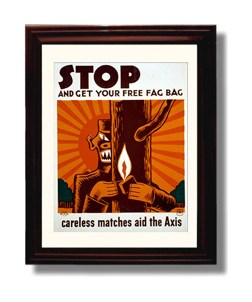 Vintage War Poster - Get Your Free Fag Bag Careless Matches Aid the Axis Vintage War Wall Art - 8x10 Beveled Frame