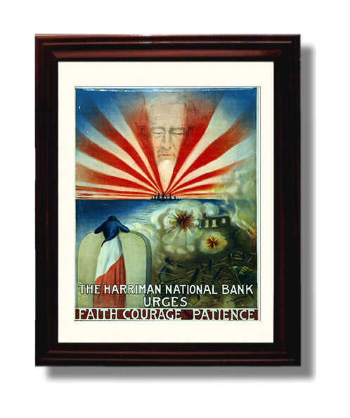Vintage War Poster - Harriman National Bank Faith Courage Patience Vintage War Wall Art - 8x10 Beveled Frame