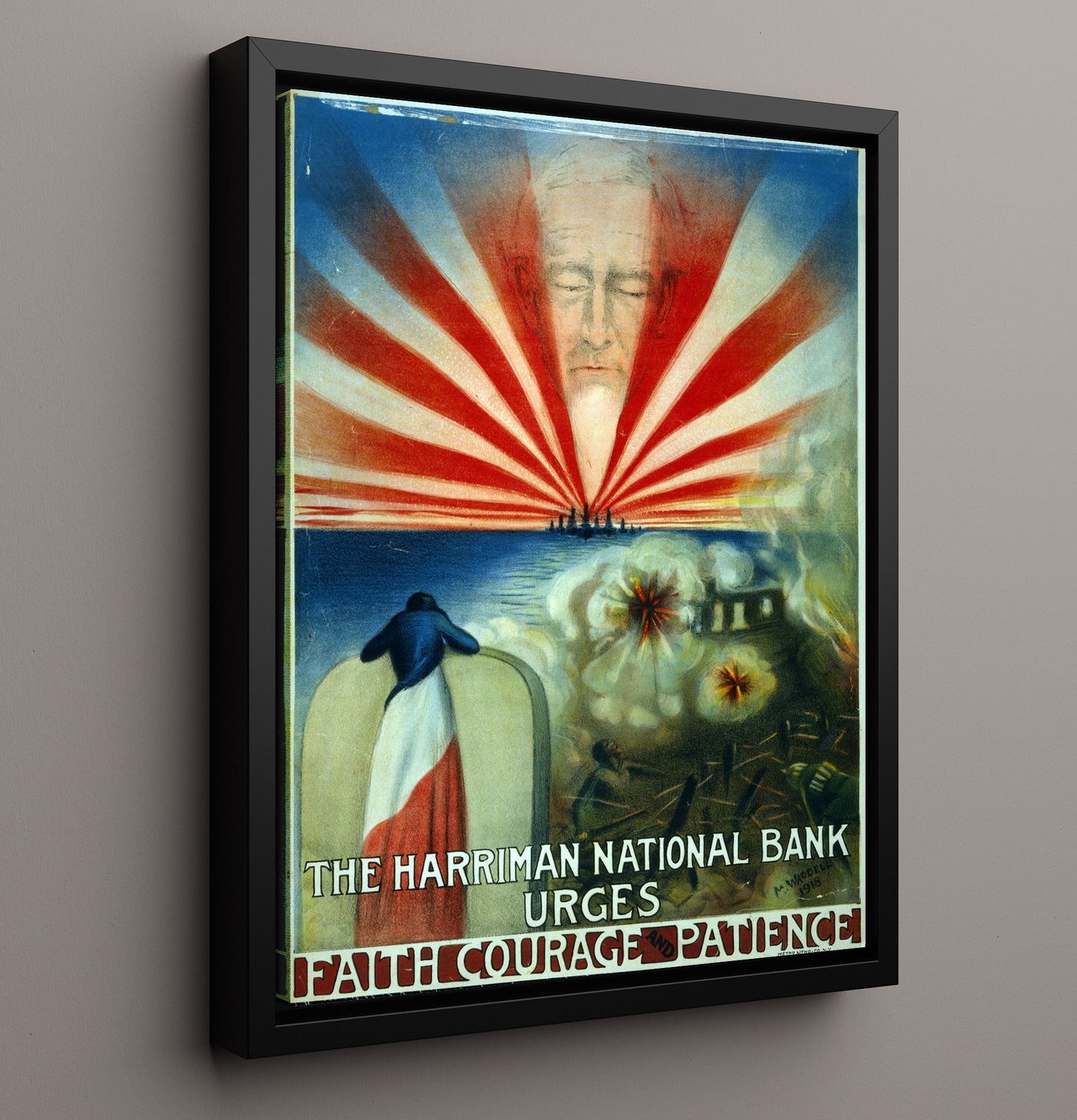 Vintage War Poster - Harriman National Bank Faith Courage Patience Vintage War Wall Art - 16x20 Framed Canvas