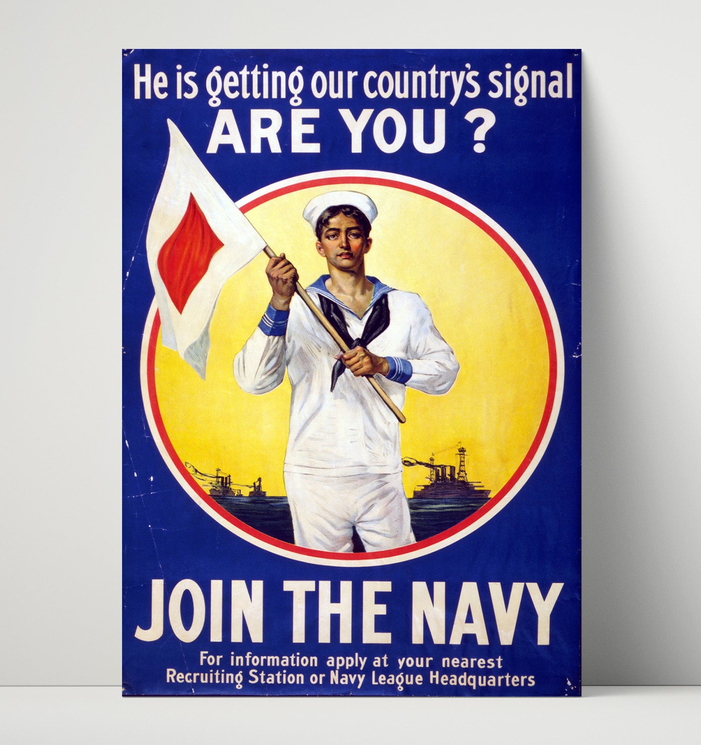 Vintage War Poster - Hes Getting Our Countrys Signal Join the Navy Vintage War Wall Art - 16x20 Unframed Print