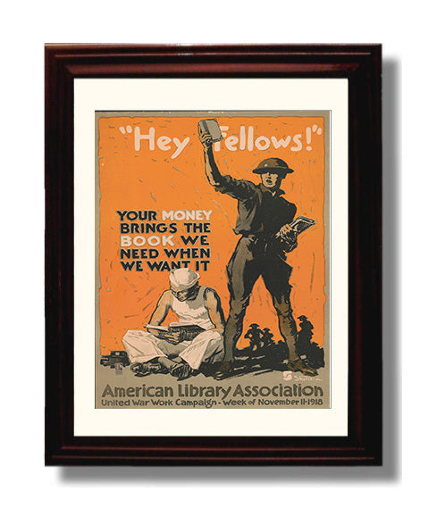 Vintage War Poster - Hey Fellows Your Money Brings the Books Vintage War Wall Art - 8x10 Beveled Frame