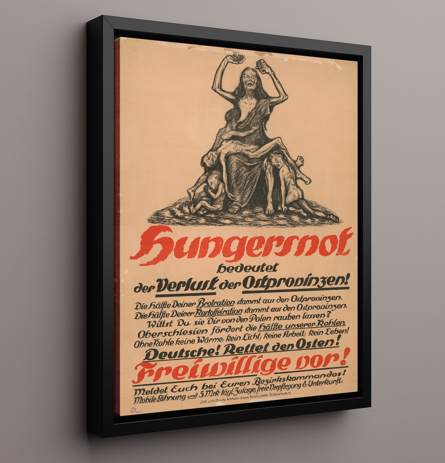 Vintage War Poster - Hungernot Vintage War Wall Art - 16x20 Framed Canvas