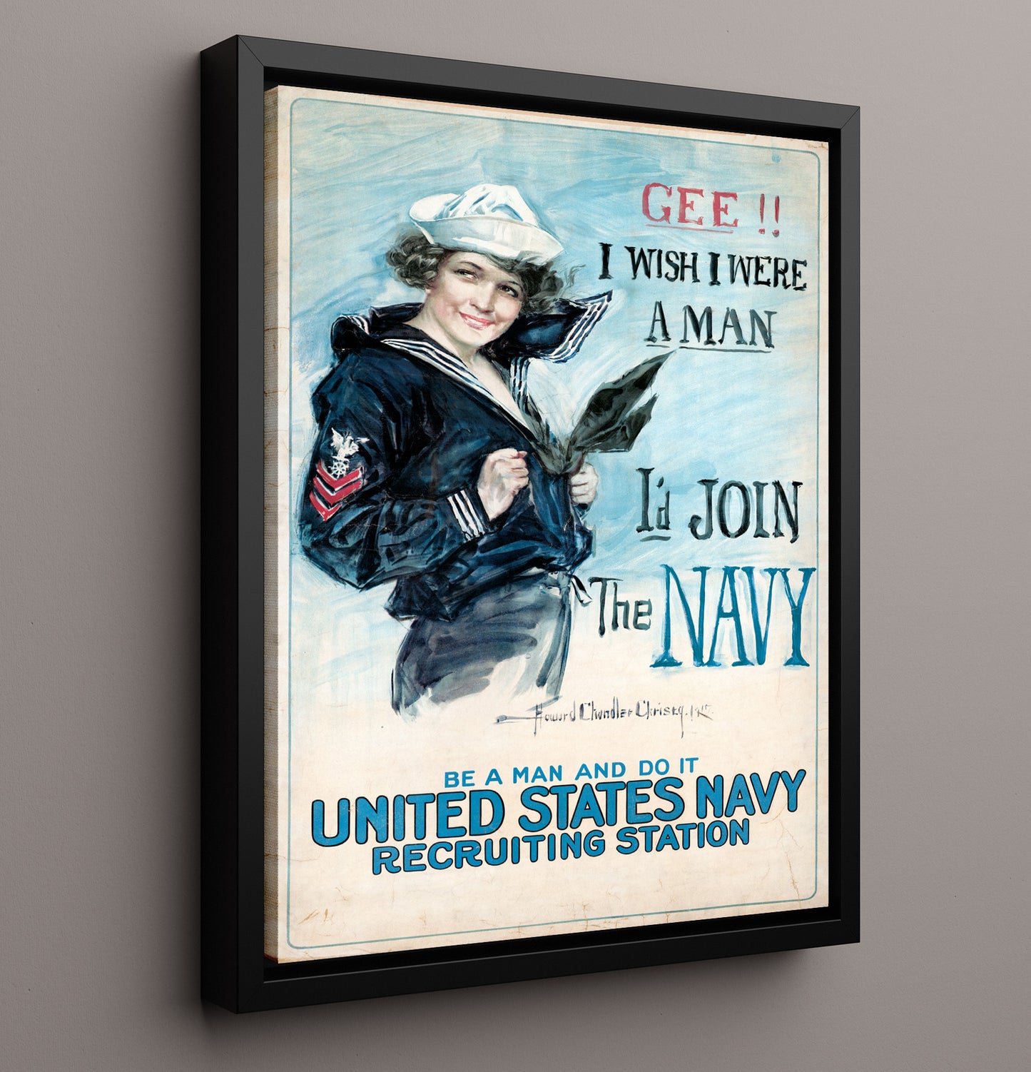Vintage War Poster - I Wish I Were A Man I would Join the Navy Vintage War Wall Art - 16x20 Framed Canvas