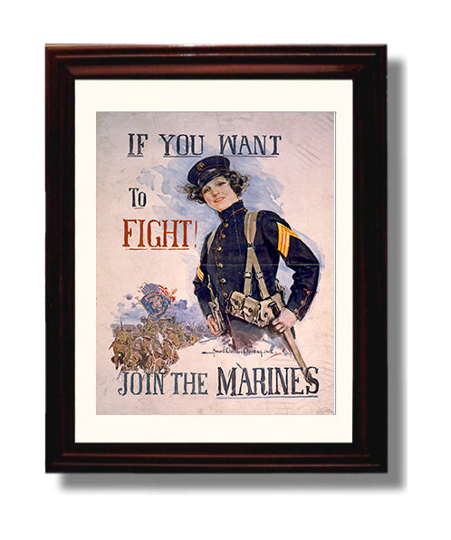 Vintage War Poster - If You Want to Fight Join the Marines Vintage War Wall Art - 8x10 Beveled Frame