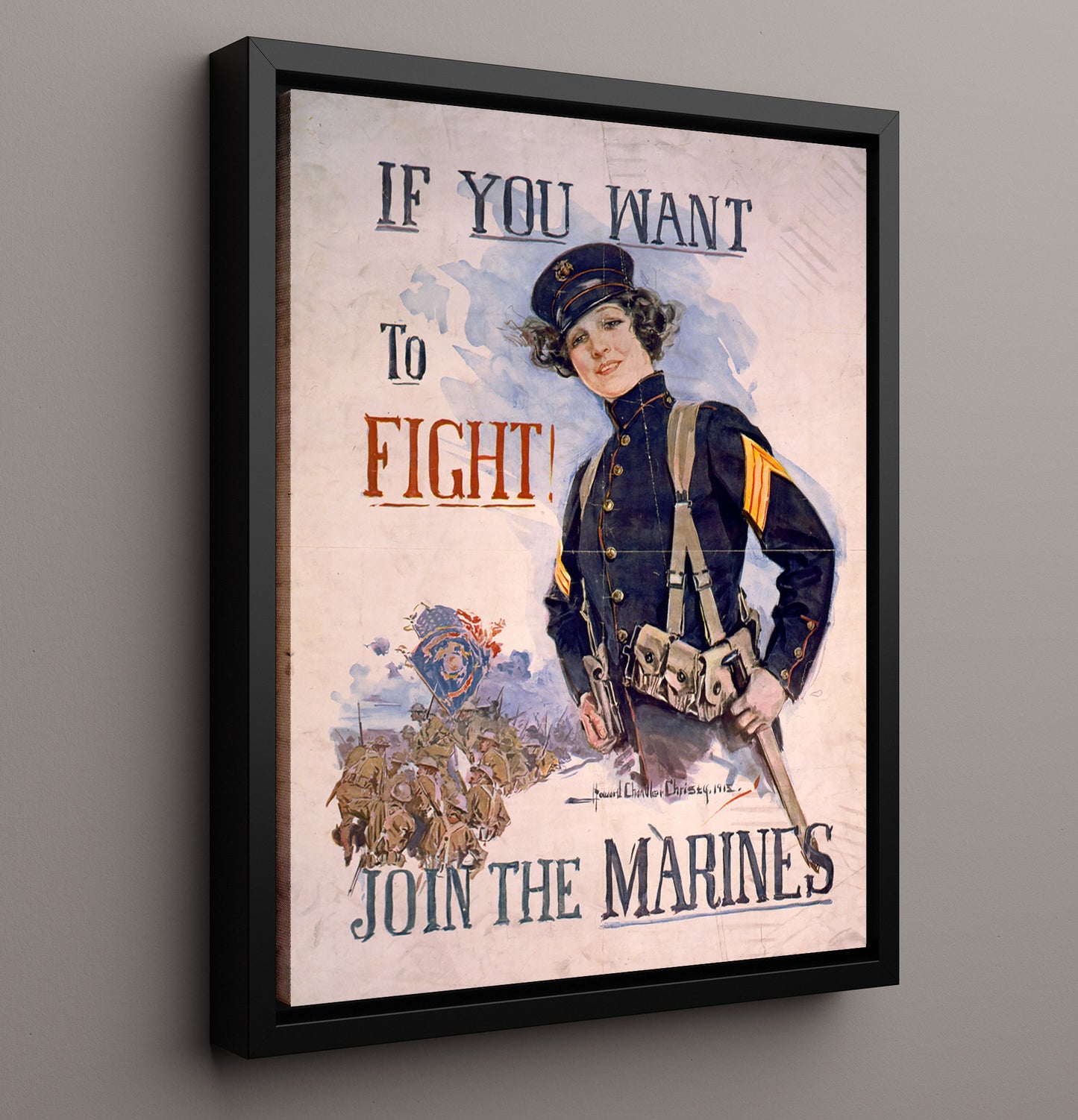 Vintage War Poster - If You Want to Fight Join the Marines Vintage War Wall Art - 16x20 Framed Canvas
