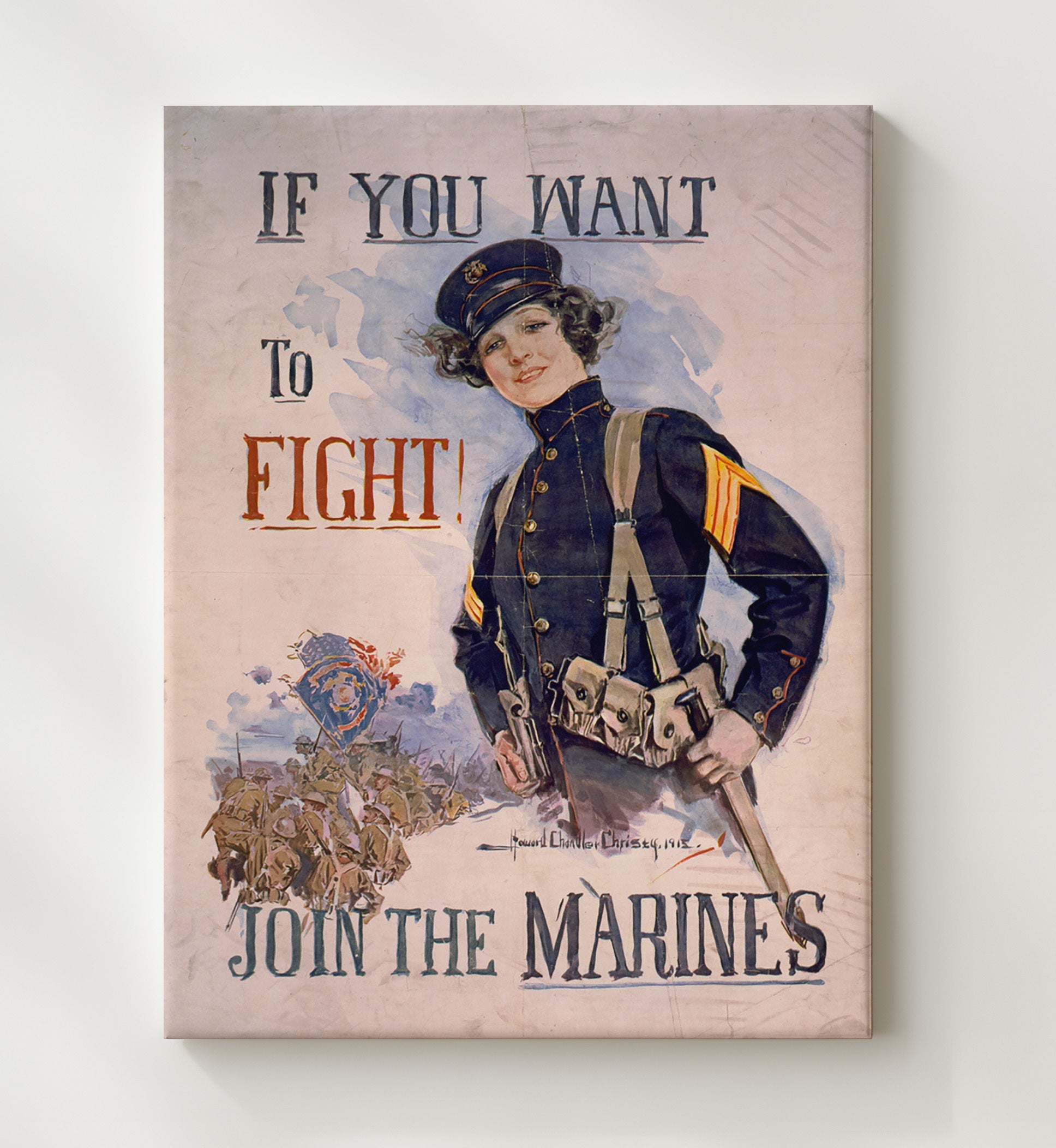 Vintage War Poster - If You Want to Fight Join the Marines Vintage War Wall Art - 20x24 Canvas