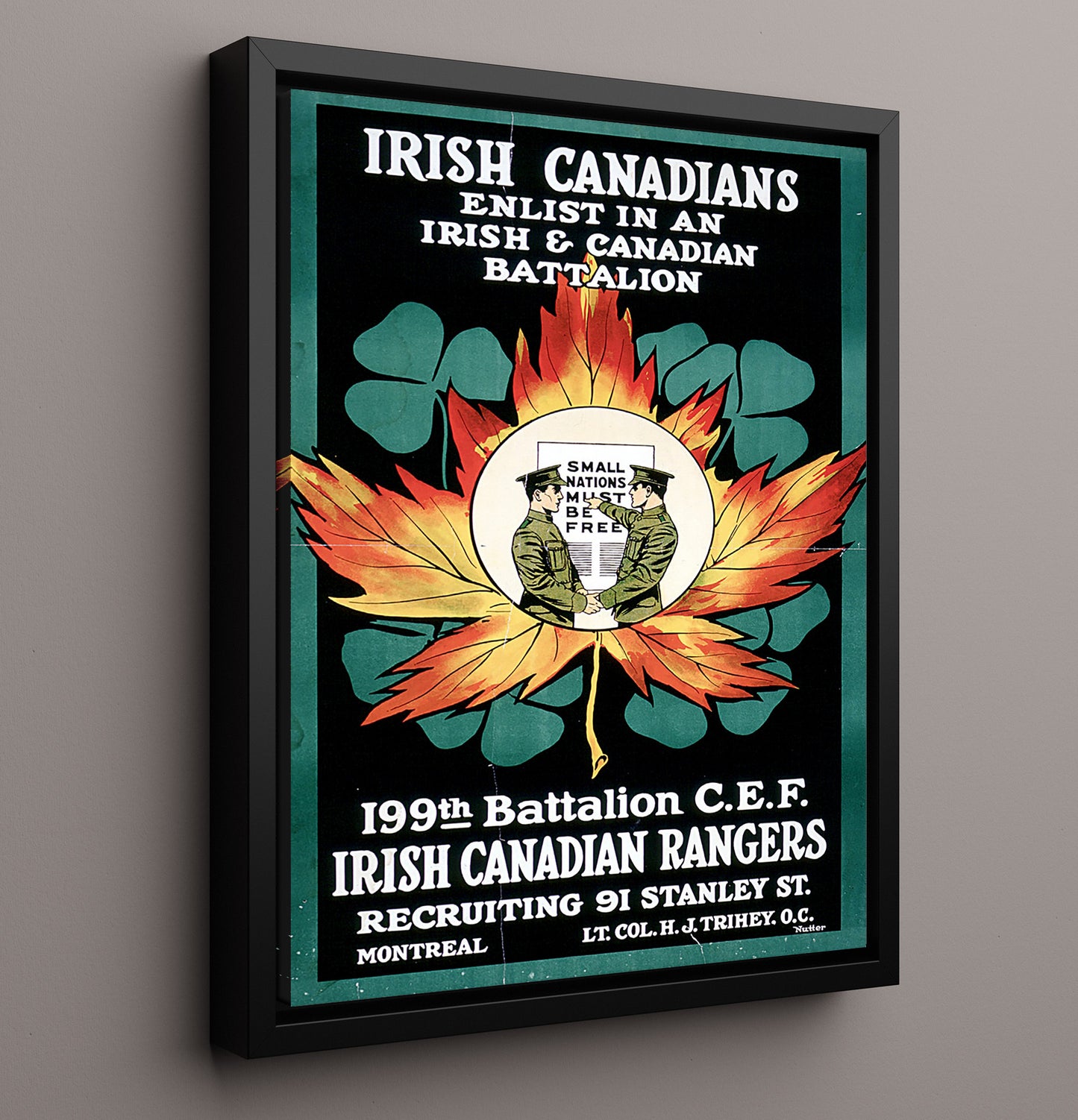Vintage War Poster - Irish Canadian Batallion 199th Vintage War Wall Art - 16x20 Framed Canvas