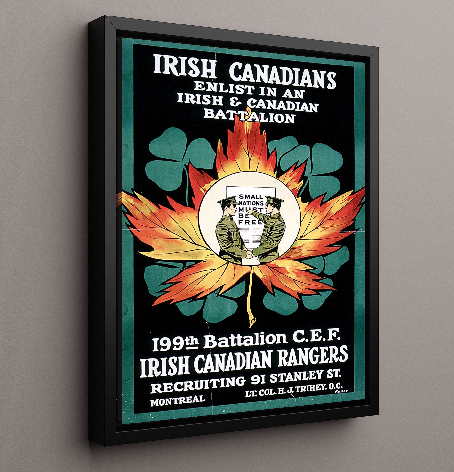 Vintage War Poster - Irish Canadian Batallion 199th Vintage War Wall Art - 16x20 Framed Canvas