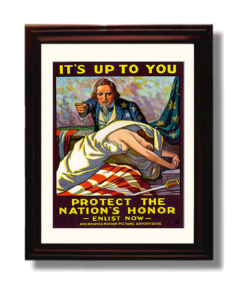 Vintage War Poster - Its Up to You - Protect the Nations Honor Vintage War Wall Art - 8x10 Beveled Frame