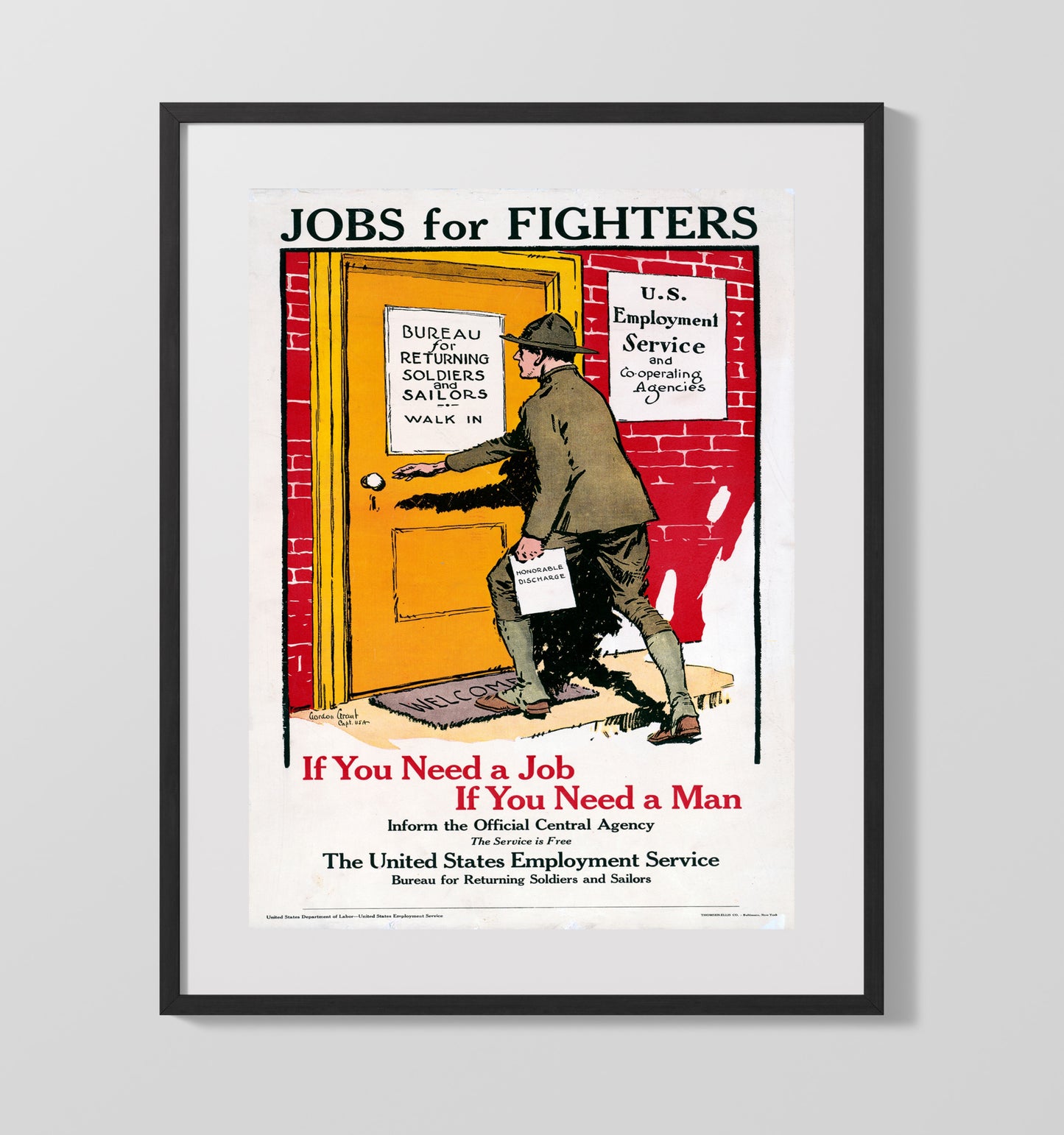 Vintage War Poster - Jobs for Fighters Vintage War Wall Art - 16x20 Gallery Frame