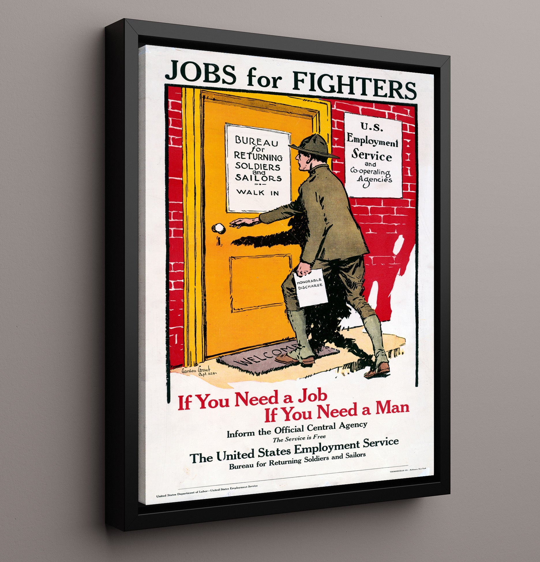 Vintage War Poster - Jobs for Fighters Vintage War Wall Art - 16x20 Framed Canvas
