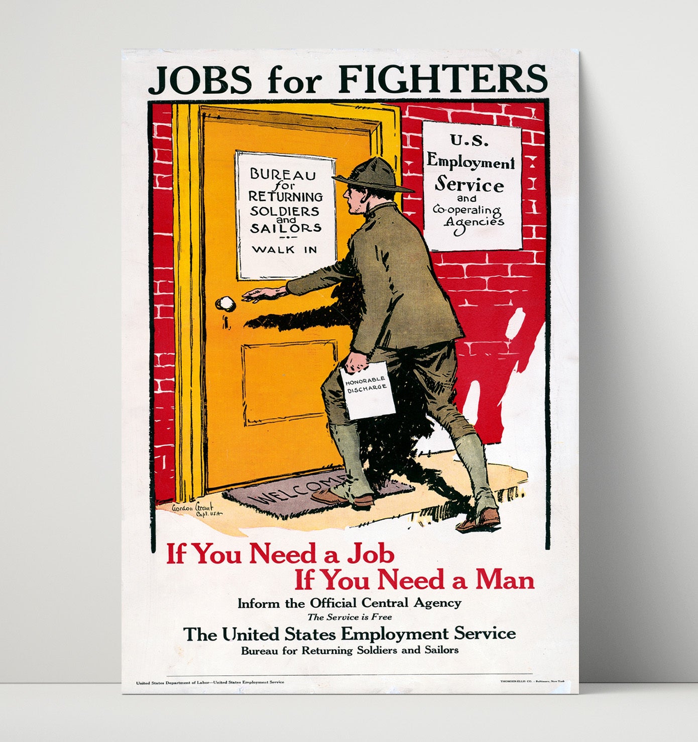Vintage War Poster - Jobs for Fighters Vintage War Wall Art - 16x20 Unframed Print