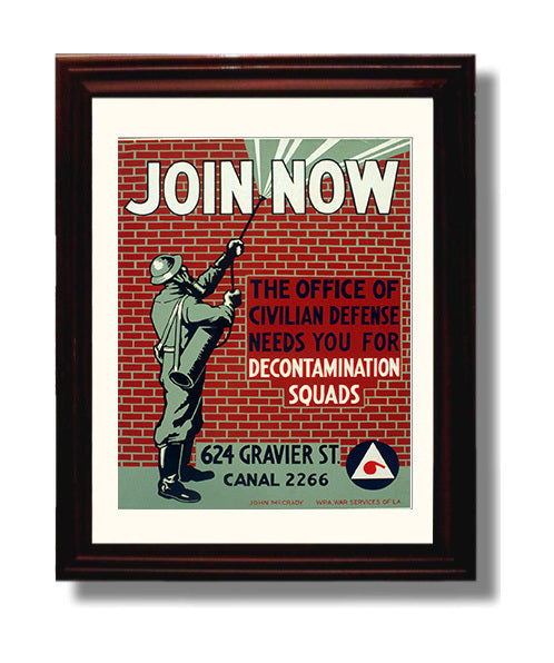 Vintage War Poster - Join Now Civilian Defense Decontamination Squads Vintage War Wall Art - 8x10 Beveled Frame