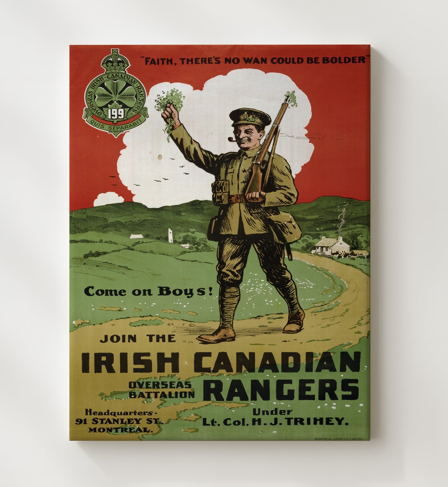 Vintage War Poster - Join The Irish Canadian Rangers Vintage War Wall Art - 20x24 Canvas