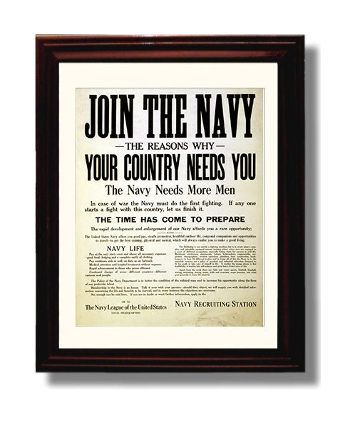 Vintage War Poster - Join The Navy Reasons Your Country Needs You Vintage War Wall Art - 8x10 Beveled Frame