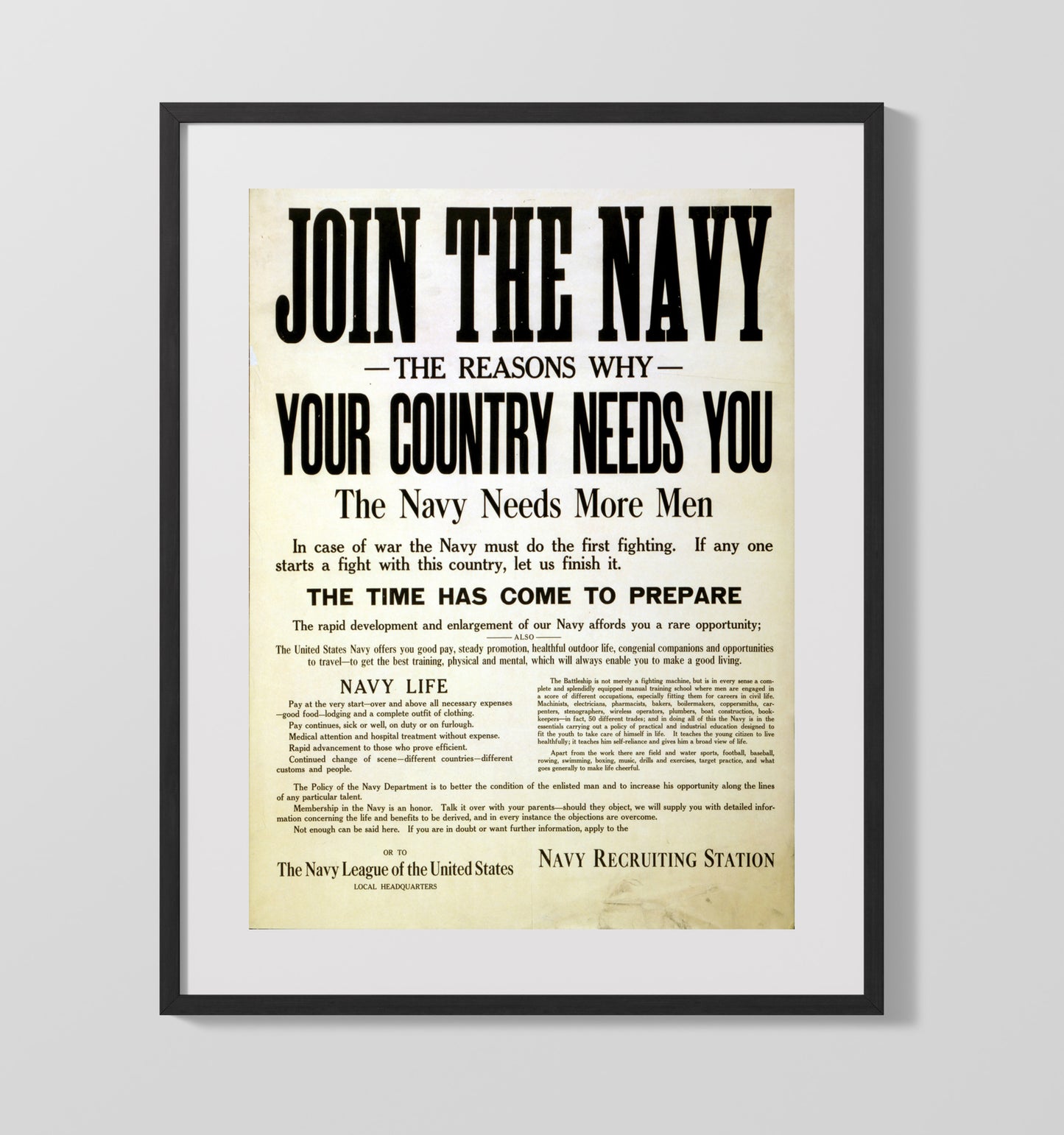 Vintage War Poster - Join The Navy Reasons Your Country Needs You Vintage War Wall Art - 16x20 Gallery Frame
