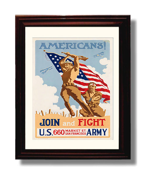 Vintage War Poster - Join and Fight - Flag Charge Vintage War Wall Art - 8x10 Beveled Frame