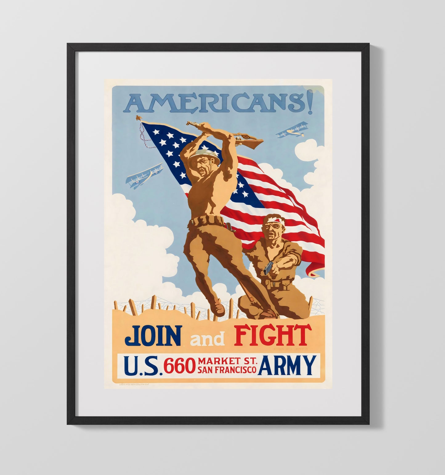 Vintage War Poster - Join and Fight - Flag Charge Vintage War Wall Art - 16x20 Gallery Frame