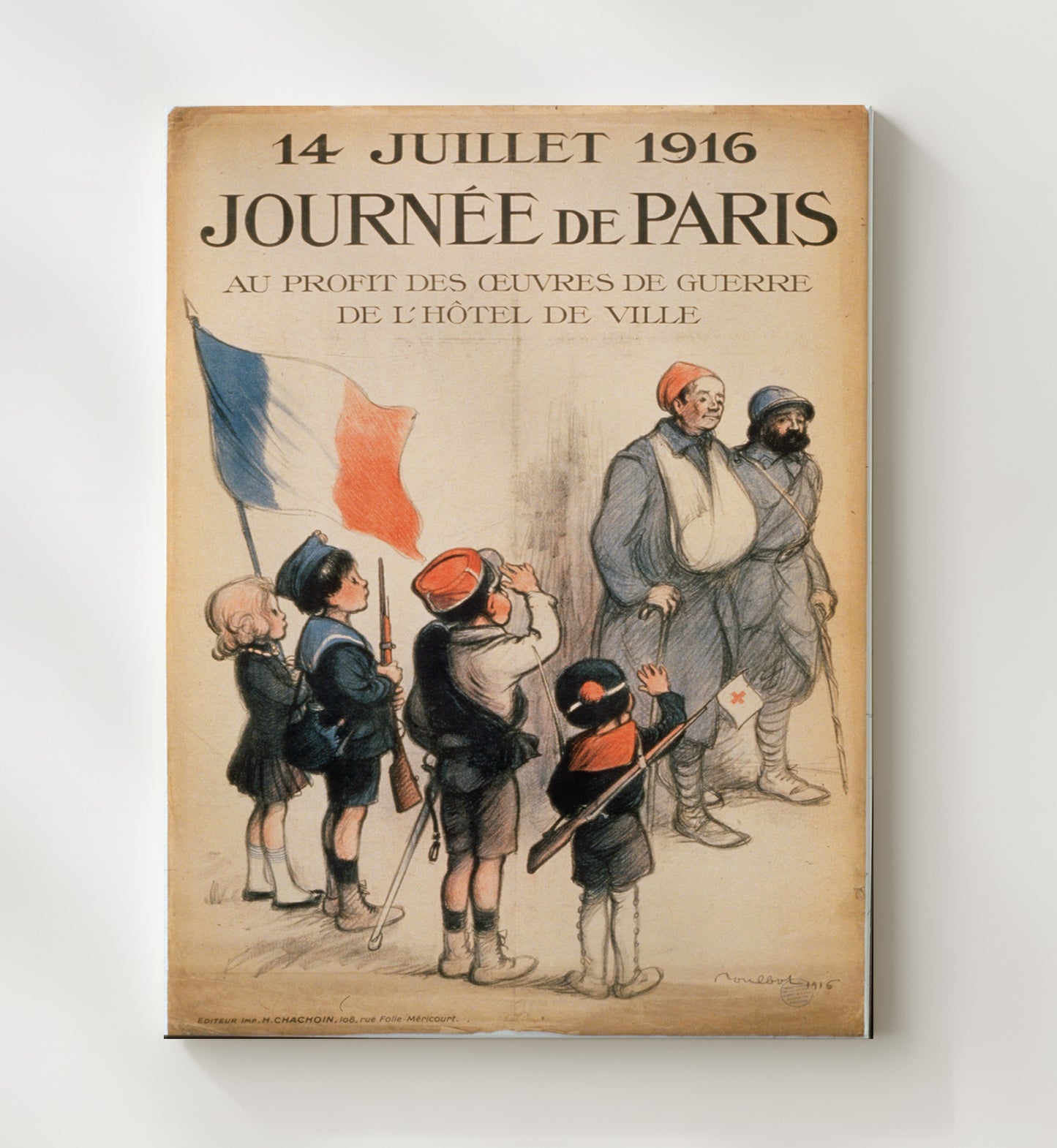 Vintage War Poster - July 14 1916 Journee De Paris Vintage War Wall Art - 20x24 Canvas