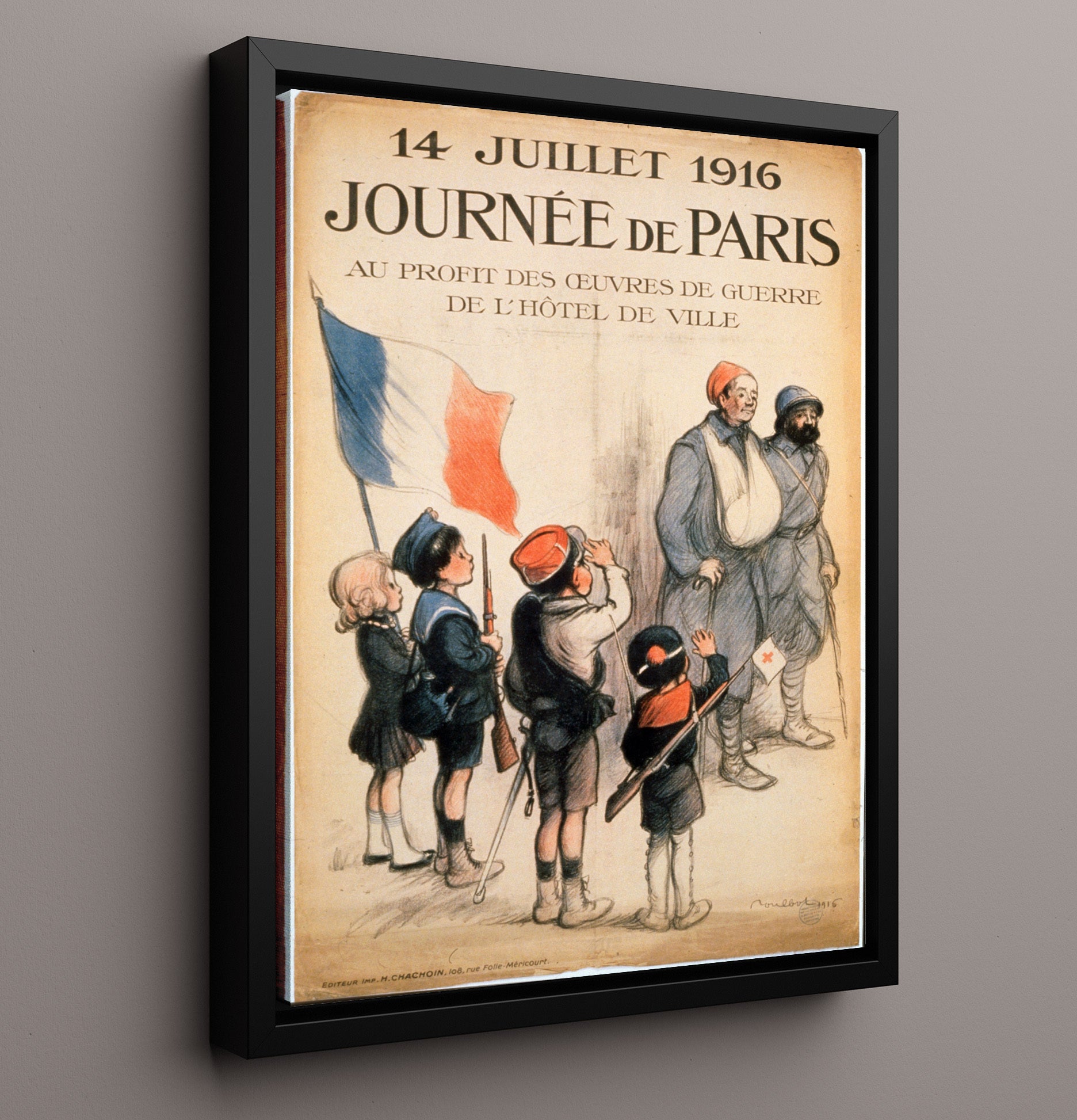 Vintage War Poster - July 14 1916 Journee De Paris Vintage War Wall Art - 16x20 Framed Canvas