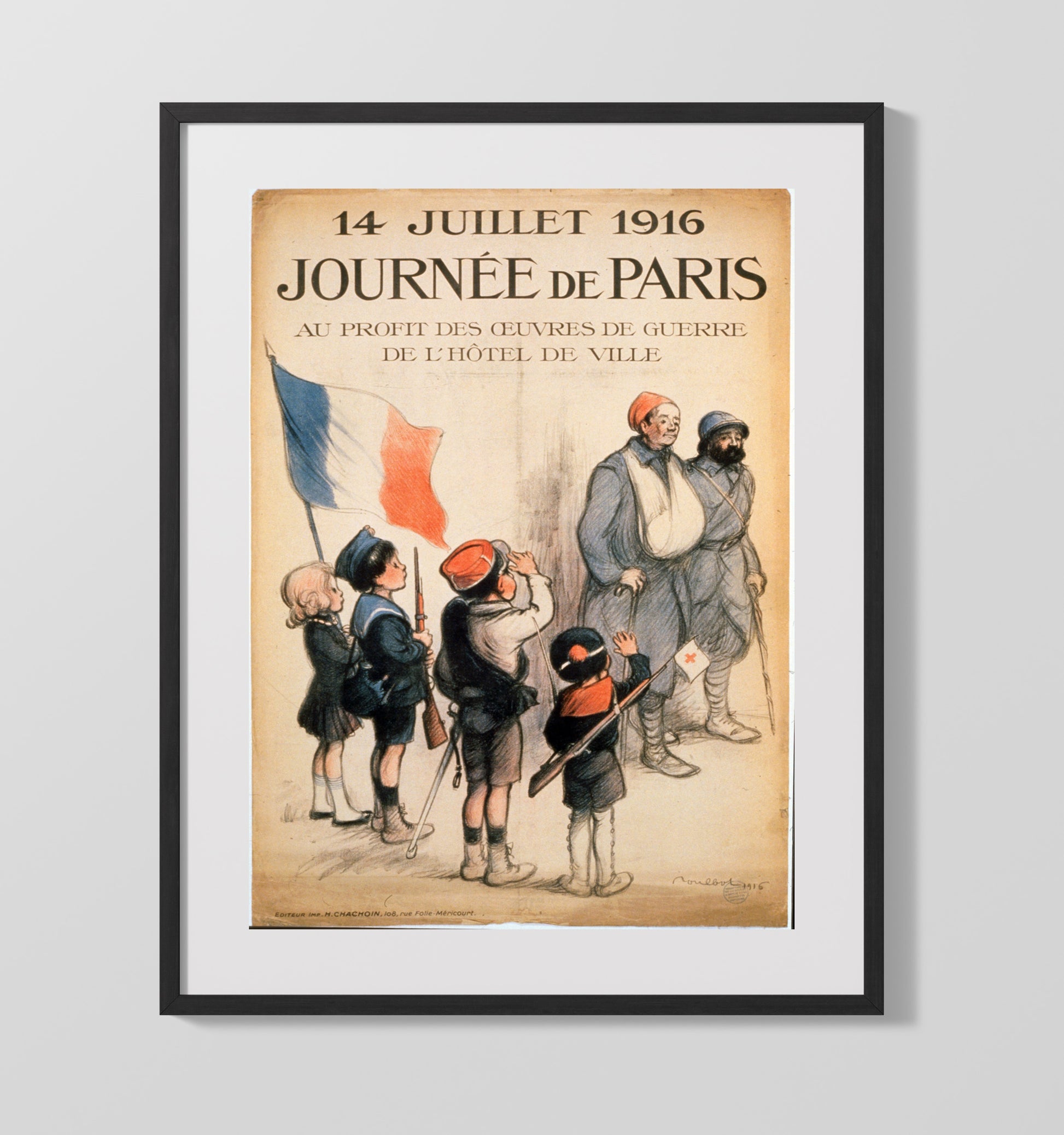 Vintage War Poster - July 14 1916 Journee De Paris Vintage War Wall Art - 16x20 Gallery Frame