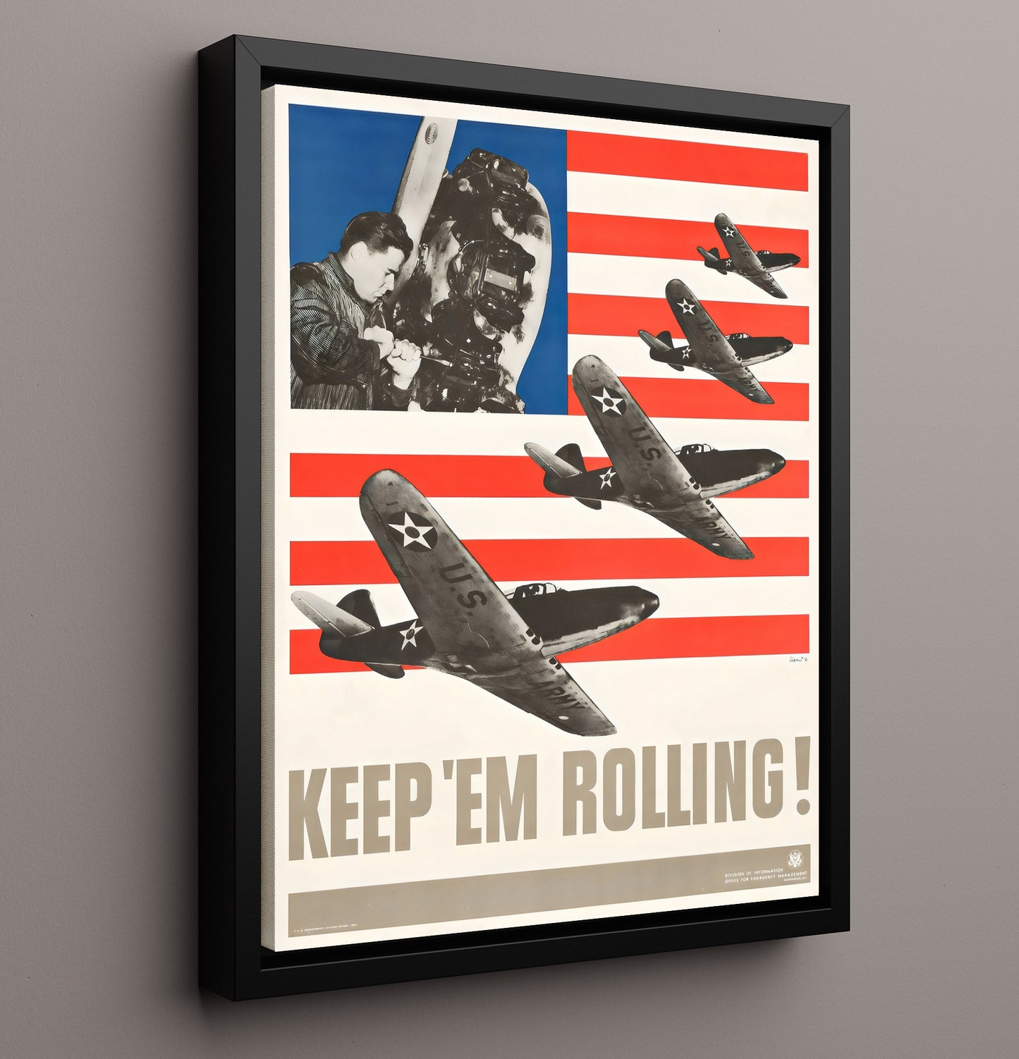 Vintage War Poster - Keep Em Rolling - Wings of Industry Vintage War Wall Art - 16x20 Framed Canvas