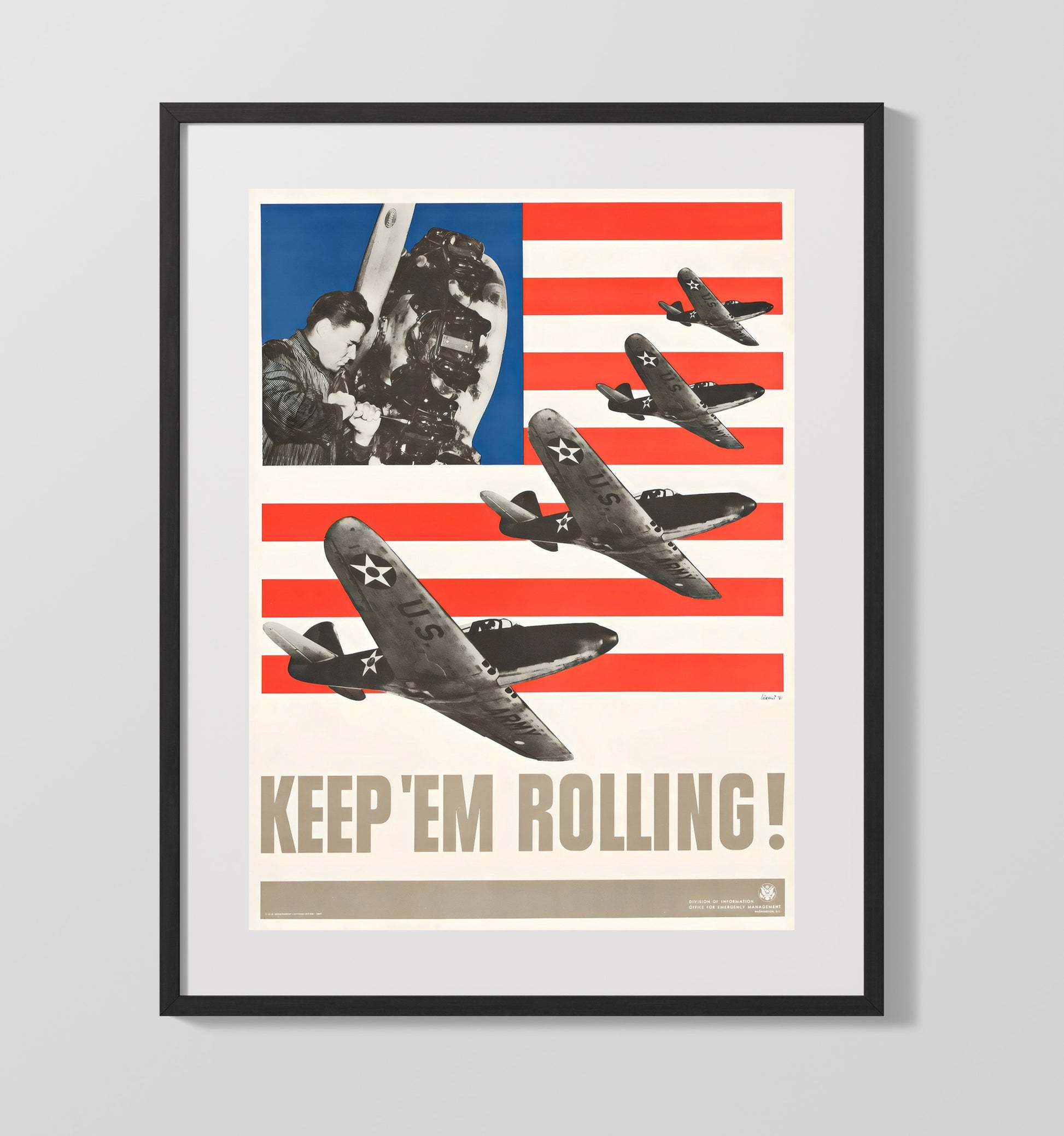 Vintage War Poster - Keep Em Rolling - Wings of Industry Vintage War Wall Art - 16x20 Gallery Frame