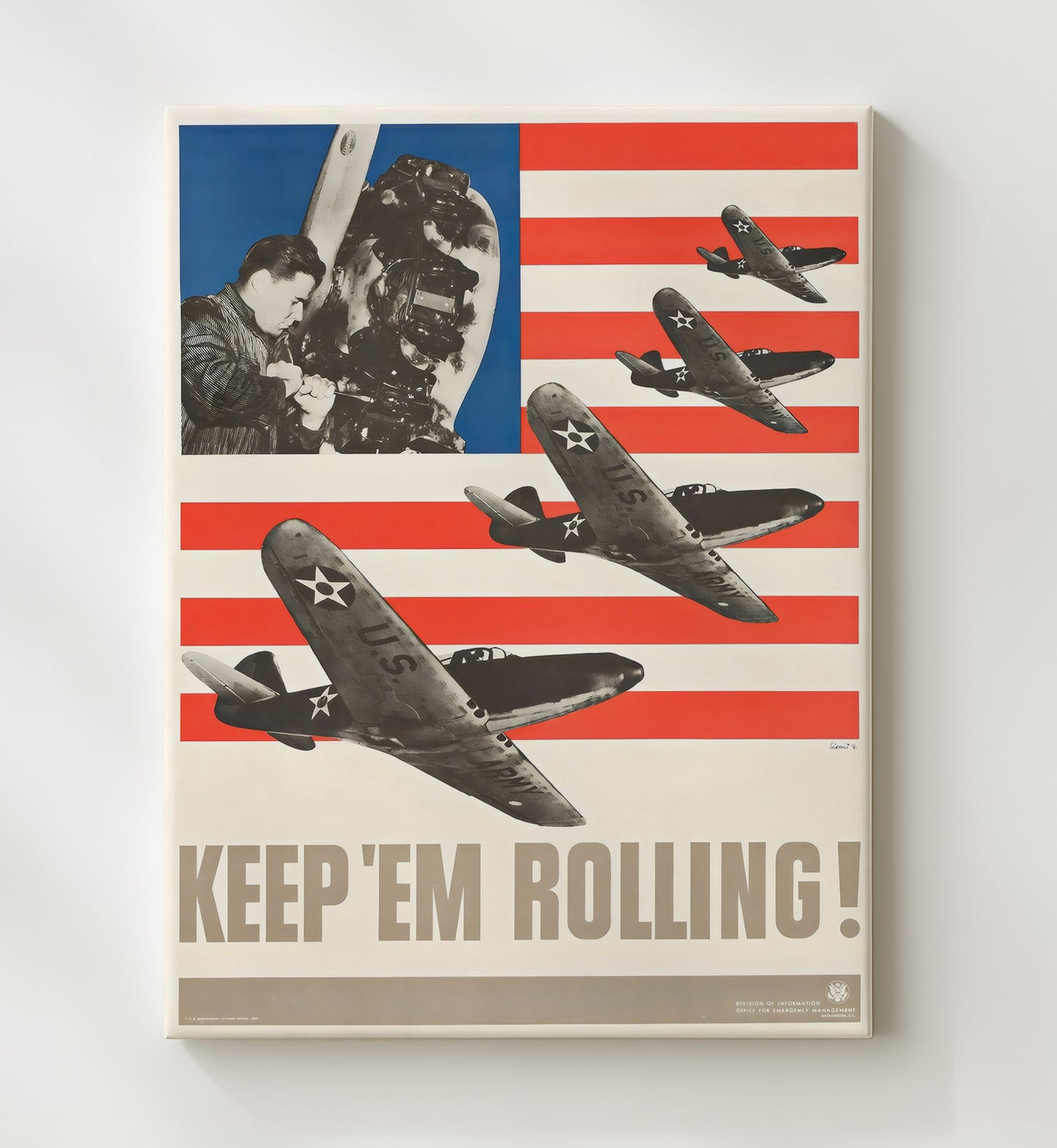 Vintage War Poster - Keep Em Rolling - Wings of Industry Vintage War Wall Art - 20x24 Canvas