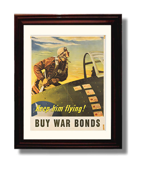 Vintage War Poster - Keep Him Flying - Sky Defender Vintage War Wall Art - 8x10 Beveled Frame