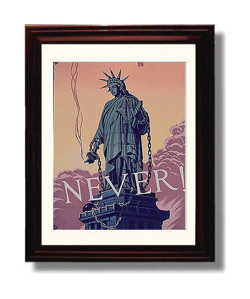 Vintage War Poster - Lady Liberty Never In Chains Vintage War Wall Art - 8x10 Beveled Frame
