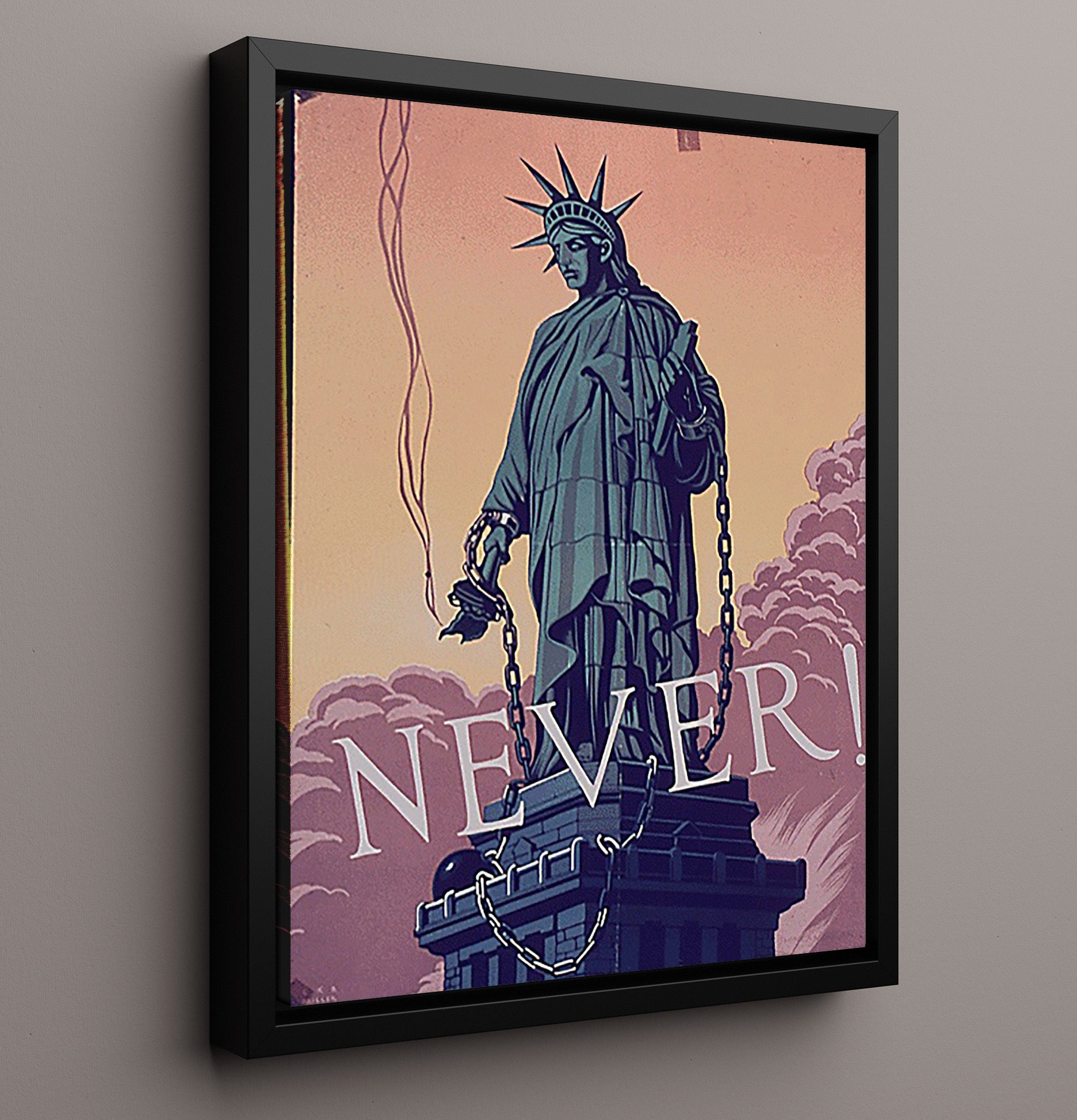 Vintage War Poster - Lady Liberty Never In Chains Vintage War Wall Art - 16x20 Framed Canvas