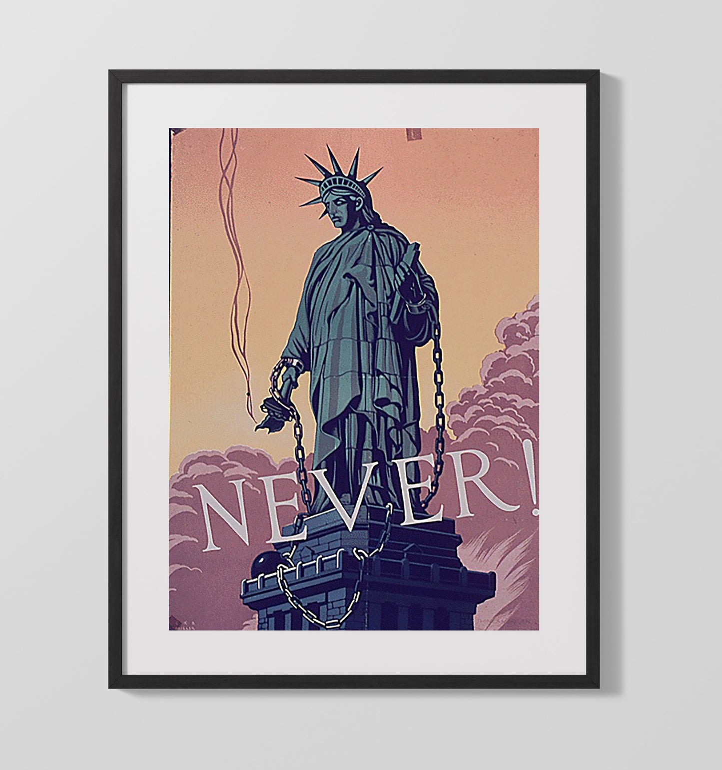 Vintage War Poster - Lady Liberty Never In Chains Vintage War Wall Art - 16x20 Gallery Frame
