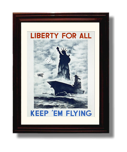 Vintage War Poster - Liberty for All Keep Em Flying Vintage War Wall Art - 8x10 Beveled Frame