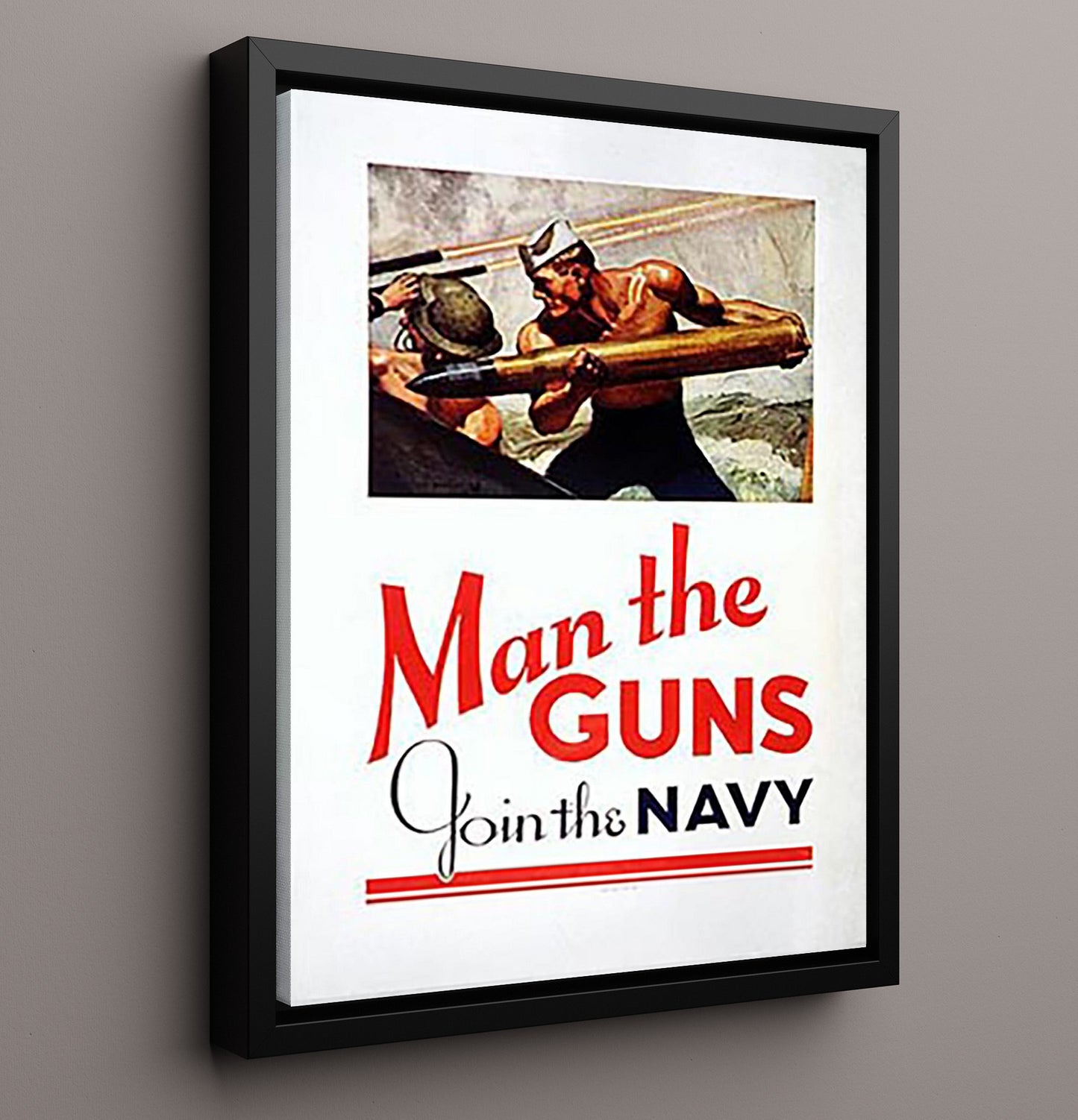 Man the Guns - Navy Might war poster wall art 16x20 Framed Canvas