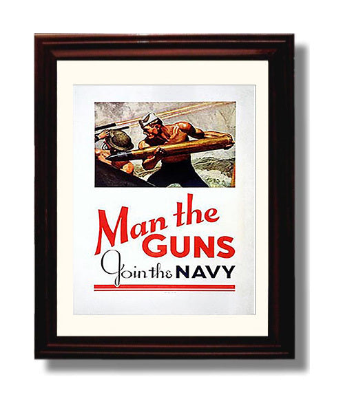 Vintage War Poster - Man the Guns - Navy Might Vintage War Wall Art - 8x10 Beveled Frame