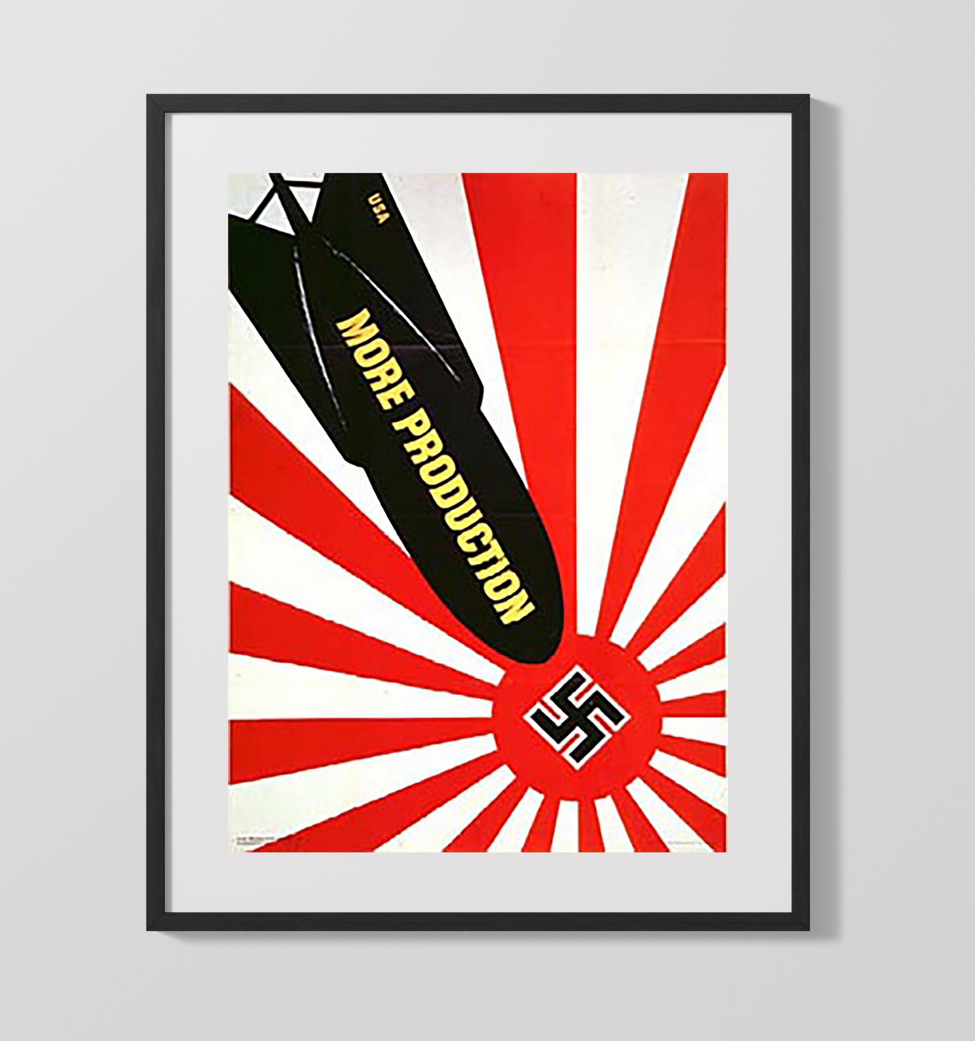Vintage War Poster - More Production - Bombs Away Vintage War Wall Art - 16x20 Gallery Frame