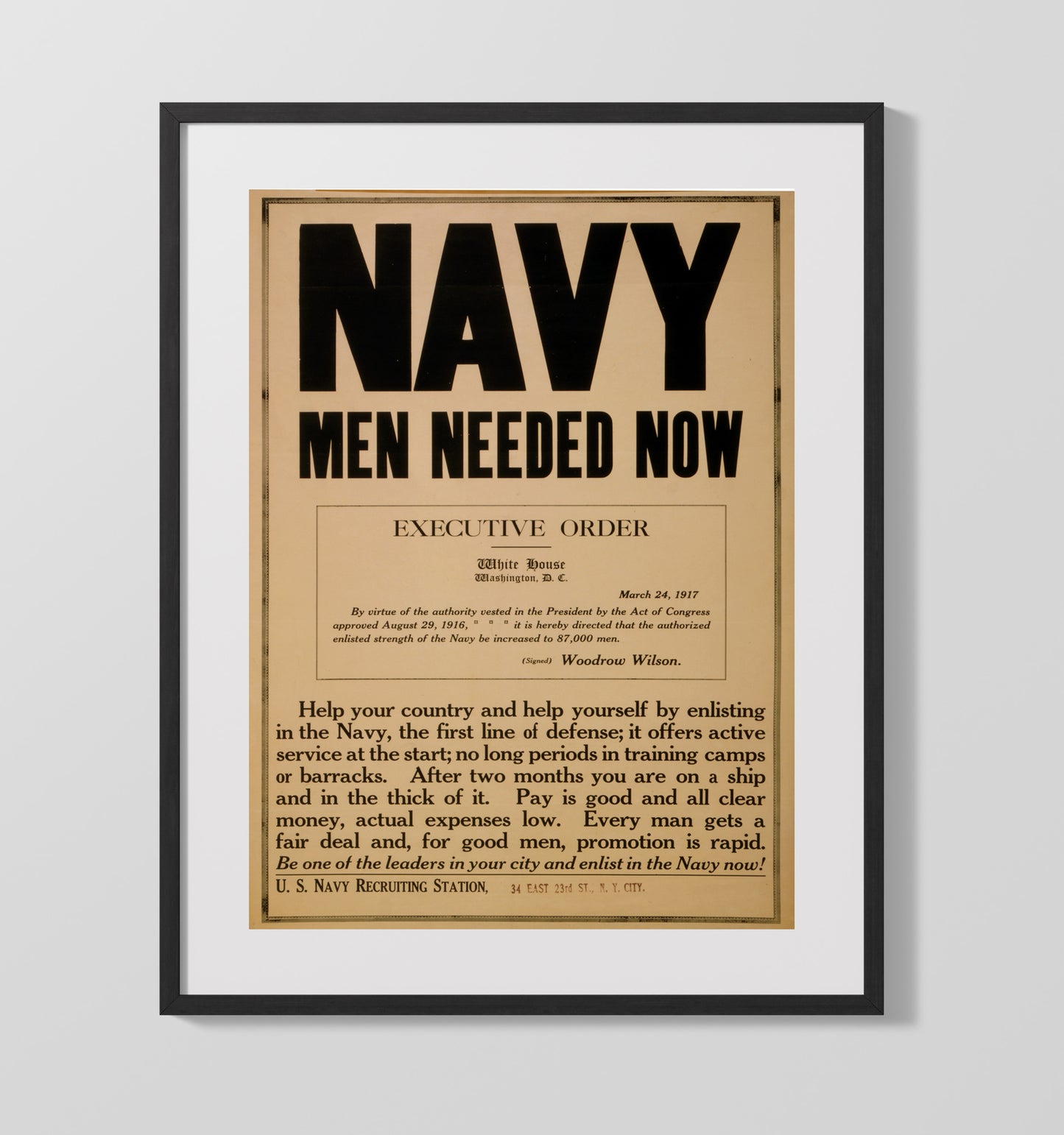 Navy - Men Needed Now Executive Order war poster wall art 16x20 Gallery Frame
