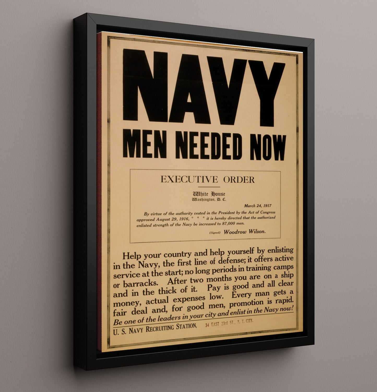 Vintage War Poster - Navy - Men Needed Now Executive Order Vintage War Wall Art - 16x20 Framed Canvas