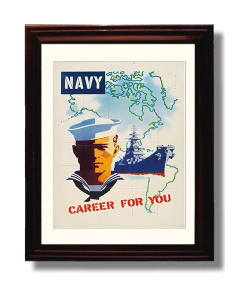 Vintage War Poster - Navy Career - Sea of Opportunity Vintage War Wall Art - 8x10 Beveled Frame