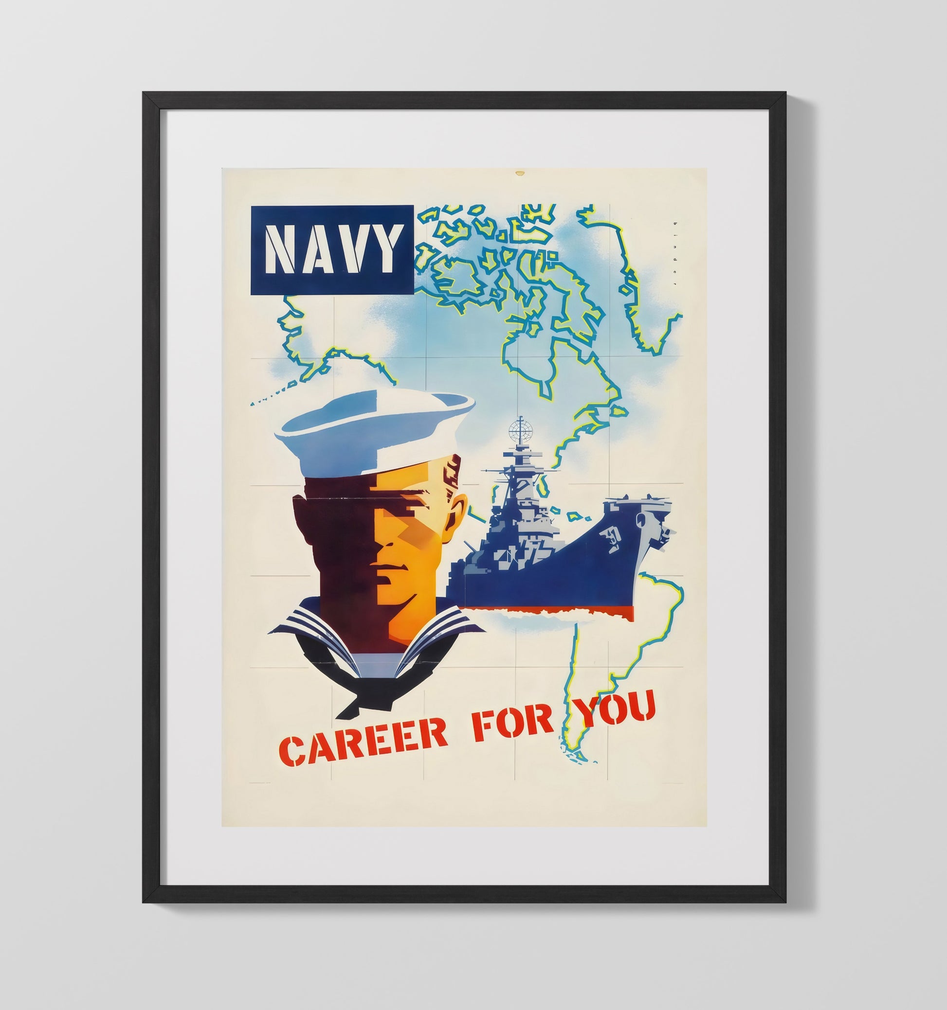 Vintage War Poster - Navy Career - Sea of Opportunity Vintage War Wall Art - 16x20 Gallery Frame