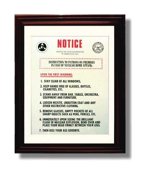 Vintage War Poster - Nuclear Bomb Attack Notice Vintage War Wall Art - 8x10 Beveled Frame