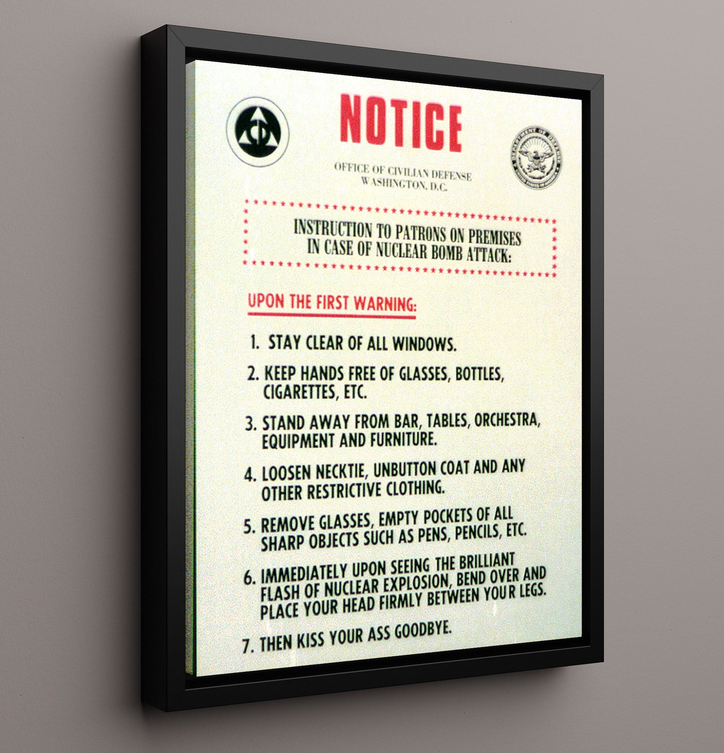 Nuclear Bomb Attack Notice war poster wall art 16x20 Framed Canvas