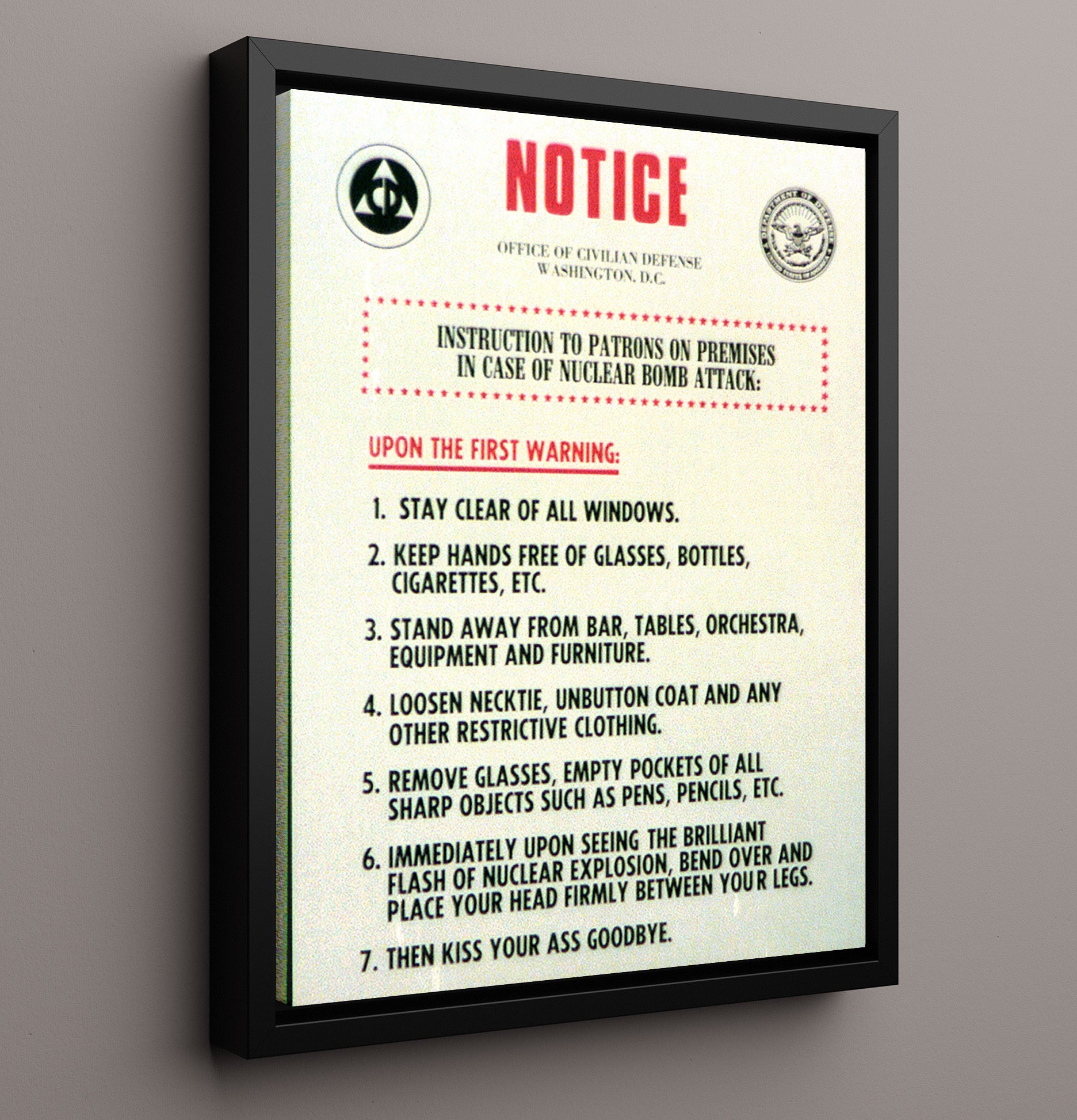 Nuclear Bomb Attack Notice war poster wall art 16x20 Framed Canvas