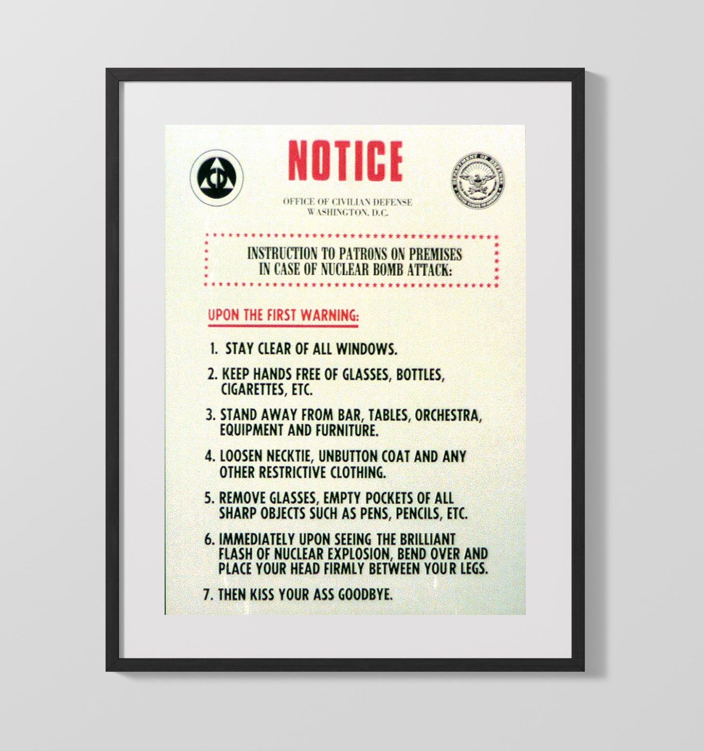 Nuclear Bomb Attack Notice war poster wall art 16x20 Gallery Frame
