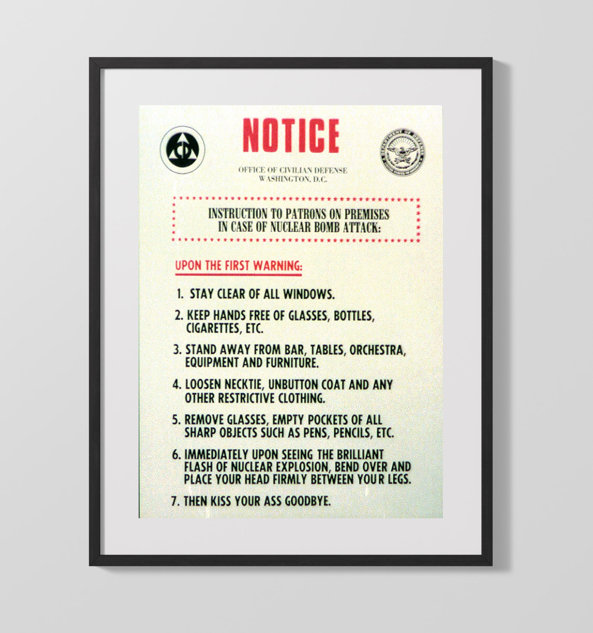 Nuclear Bomb Attack Notice war poster wall art 16x20 Gallery Frame