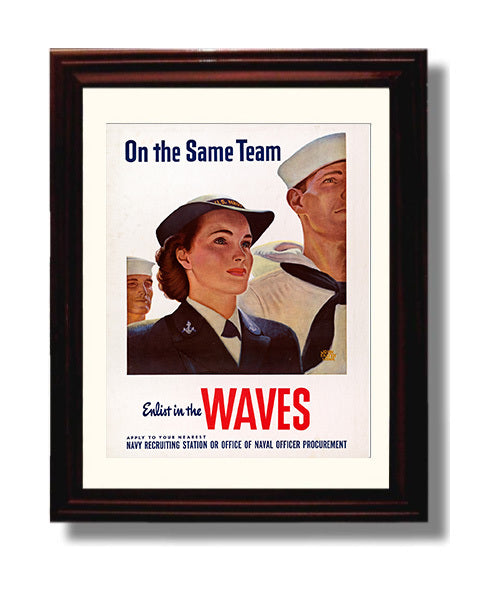 Vintage War Poster - On the Same Team Join the Waves Vintage War Wall Art - 8x10 Beveled Frame