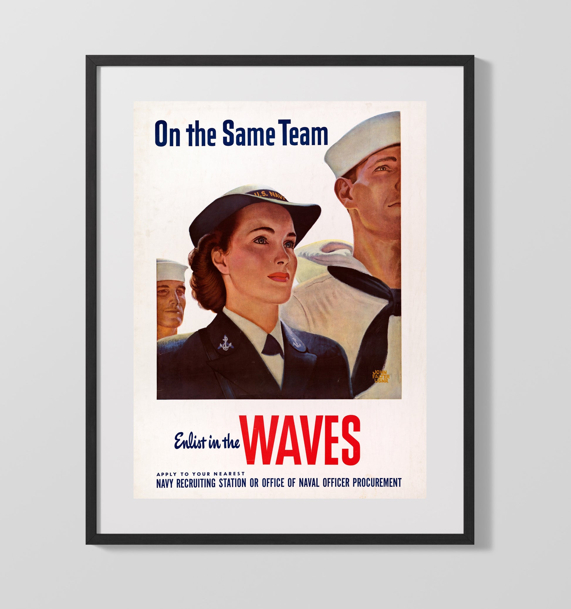Vintage War Poster - On the Same Team Join the Waves Vintage War Wall Art - 16x20 Gallery Frame