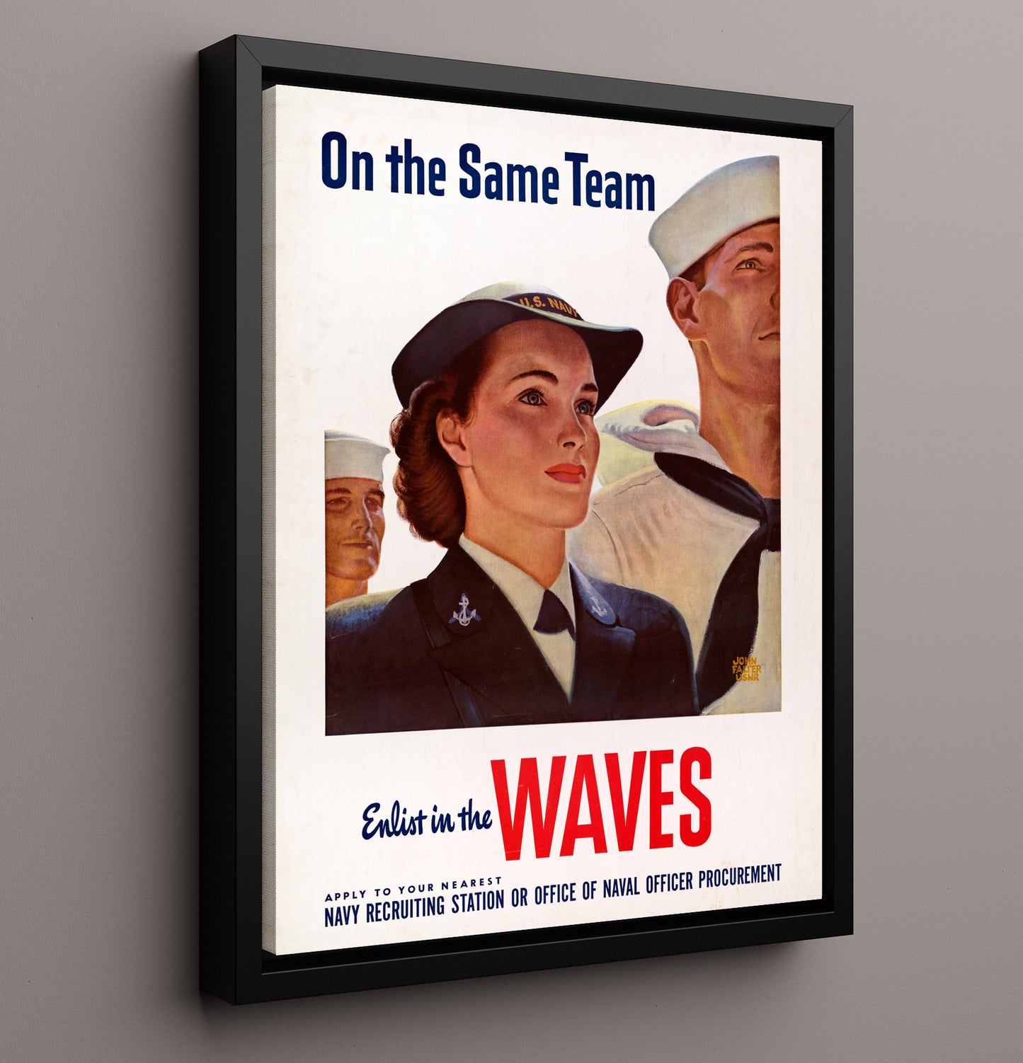 Vintage War Poster - On the Same Team Join the Waves Vintage War Wall Art - 16x20 Framed Canvas